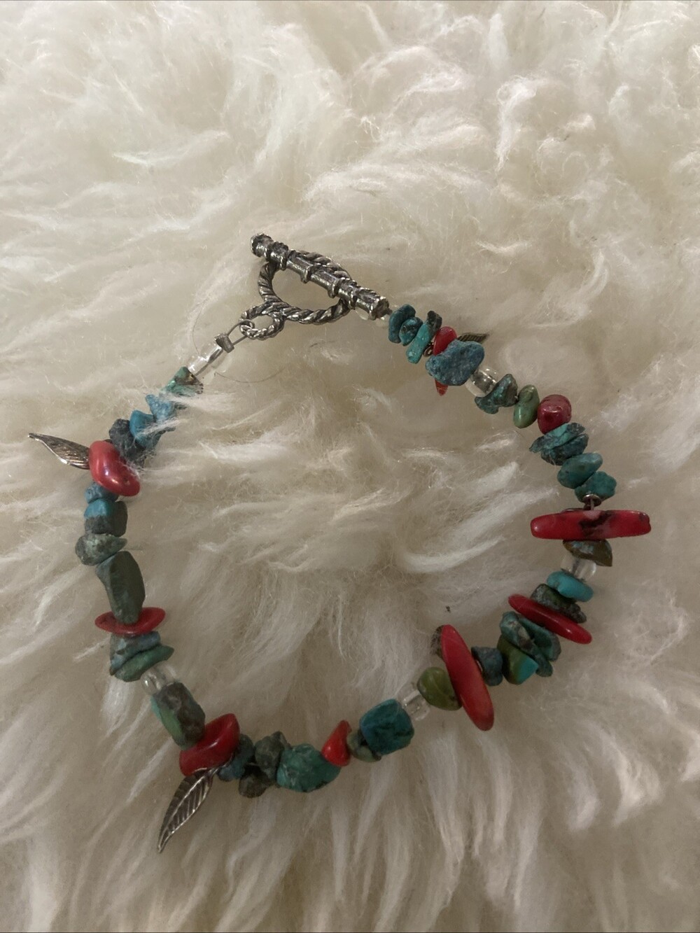 SilverSOUTHWESTERN NATIVE RED CORAL BLUE GREEN TURQUOISE BRACELET